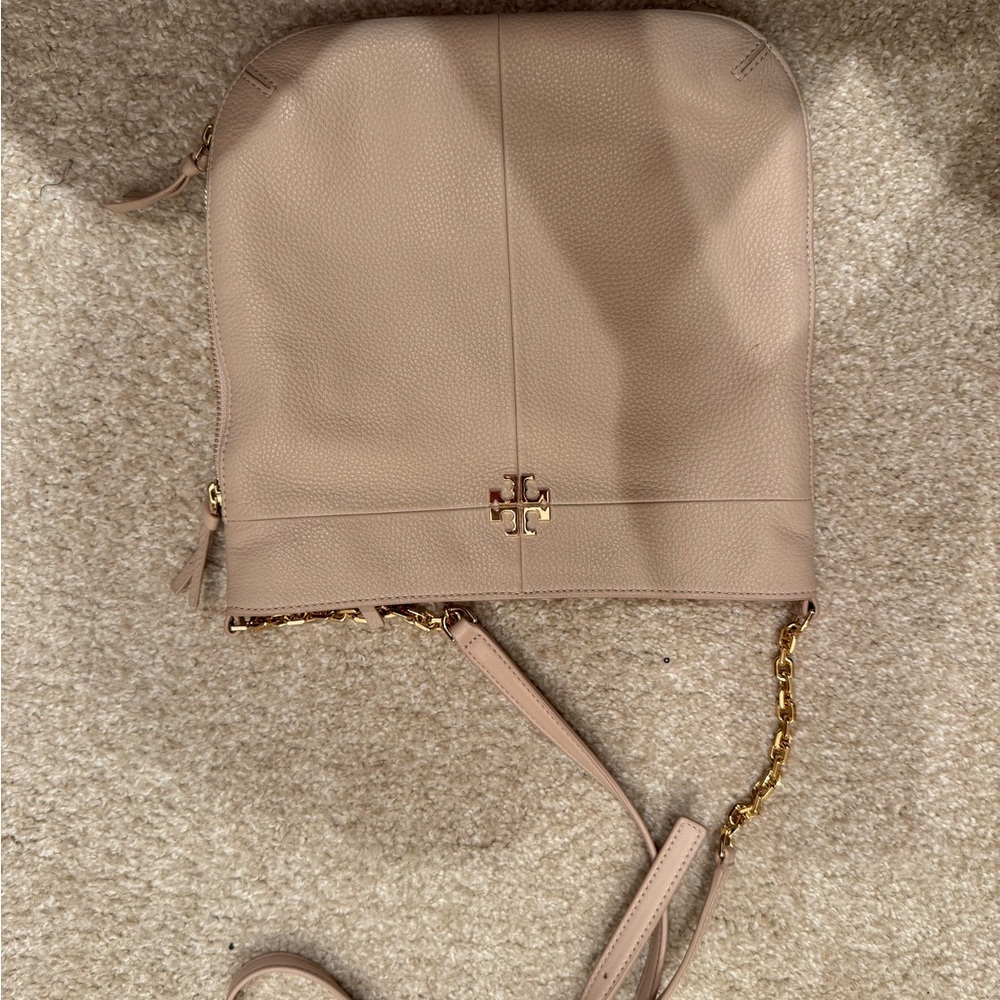 Tory Burch Beige Leather Crossbody Bag with Gold Accents